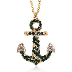 White and Green Austrian Crystal Anchor Pendant 24" Necklace in Goldtone